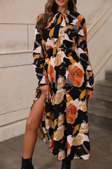 Maxi obleka s cvetličnim potiskom, oranžna