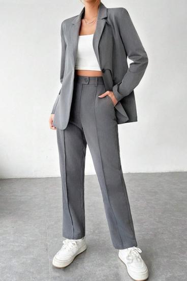 Eleganten enobarvni hlačni kostim, siv