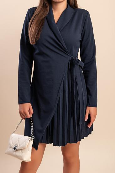 ELEGANTNA MINI OBLEKA NA PREKLOP S PLISIRANIM KRILOM DENVER, TEMNO MODRA
