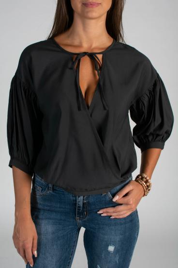 Bluza na preklop s kratkimi nabranimi rokavi Carmelita, črna