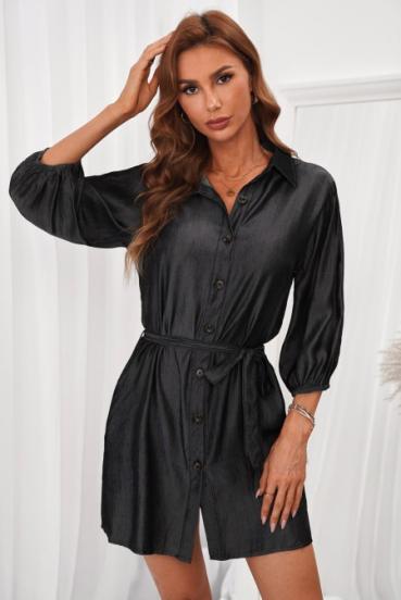Mini srajčna obleka iz jeansa s kratkimi rokavi in gumbi Guadeloupe, črna