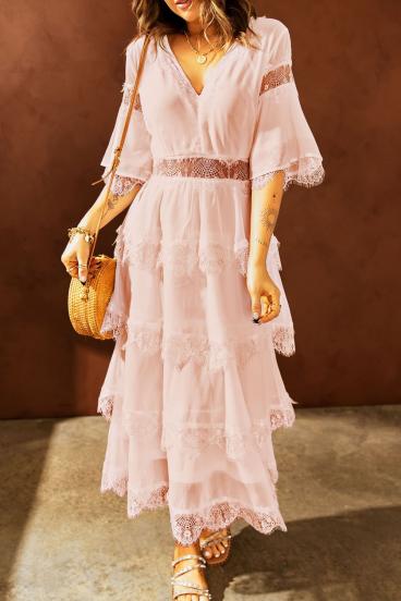 Elegantna midi obleka z vstavki iz prosojne čipke Tiziana, roza