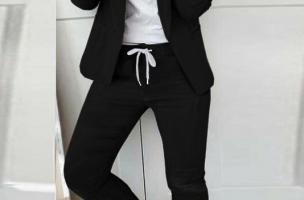 Eleganten enobarvni hlačni kostim Estrena, črn