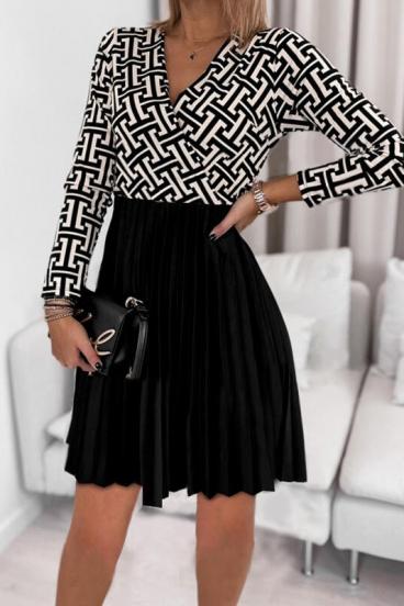 Elegantna mini obleka s plisiranim krilom in geometrijskim potiskom Leonessa, črna