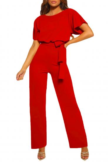 Modni kombinezon s širokimi dolgimi hlačnicami in kratkimi rokavi Nelia, rdeč