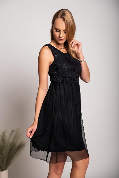 Elegantna obleka z okroglim izrezom in detajlom vezenine Dilana, črna