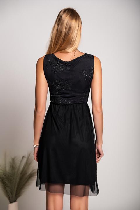 Elegantna obleka z okroglim izrezom in detajlom vezenine Dilana, črna