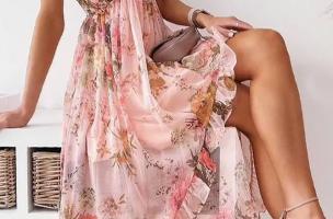 Elegantna maxi obleka s potiskom Noalla, svetlo roza
