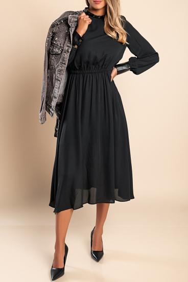 Elegantna midi obleka z vstavki umetnega usnja Plana, črna