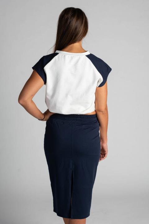 Modni komplet skrajšane majice s potiskom Peruggina, belo-modra