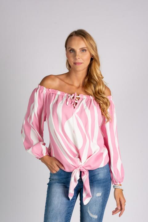 Ohlapna bluza z odkritimi rameni in zavezovanjem v pentljo Inessa, belo-roza