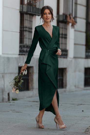 Elegantna midi obleka na preklop z volančki in 3/4 rokavi Brynlee, temno zelena