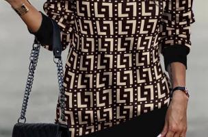 Elegatna mini obleka z geometrijskim potiskom Trina, črno-bež