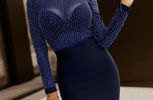 Elegantna mini obleka z okrasnimi kamenčki Jenelle, temno modra