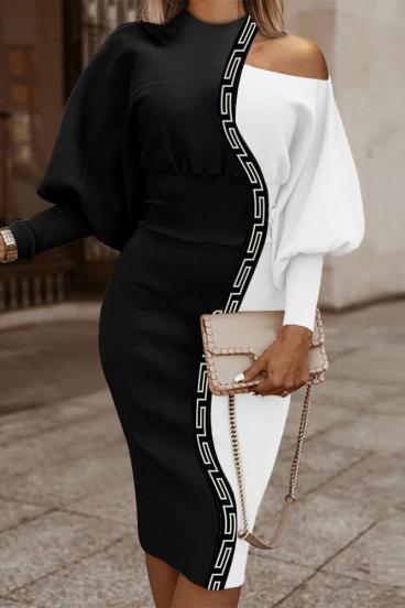 Elegatna midi obleka z geometrijskim potiskom, črno-bela