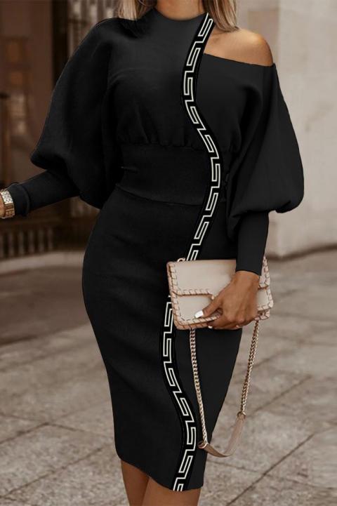 Elegatna midi obleka z geometrijskim potiskom, črna