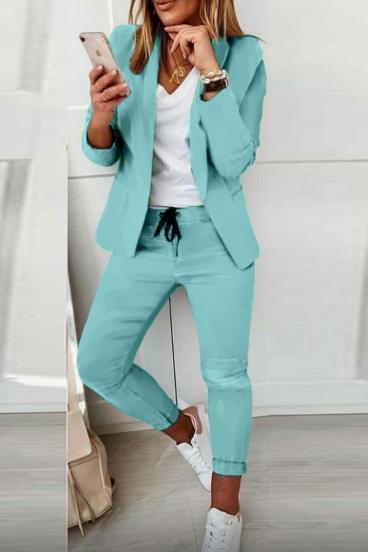 Eleganten enobarvni hlačni kostim Estrena, turkizna