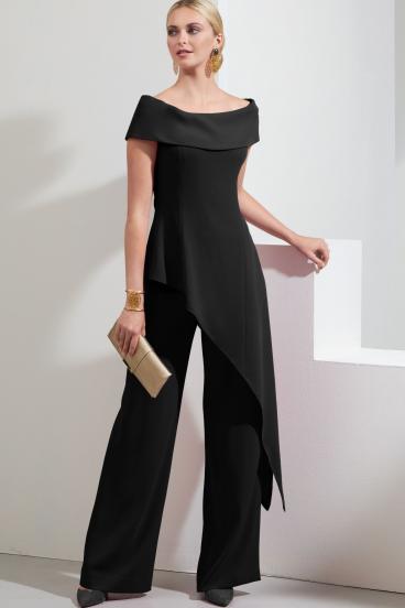Eleganten komplet asimetričnega topa in hlač, črn