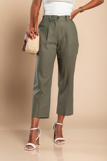 Elegantne lanene hlače, olivno zelene