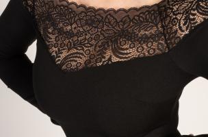 Elegatna midi obleka z dolgimi rokavi in detajlom prosojne čipke Avignon, črna