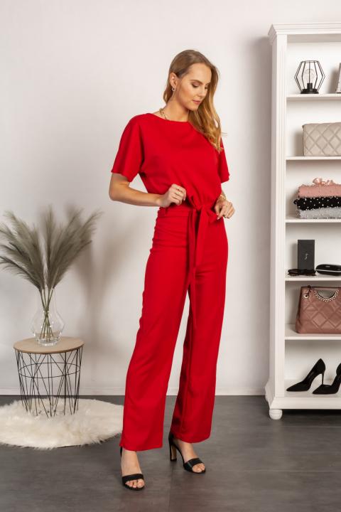 Modni kombinezon s širokimi dolgimi hlačnicami in kratkimi rokavi Nelia, rdeč