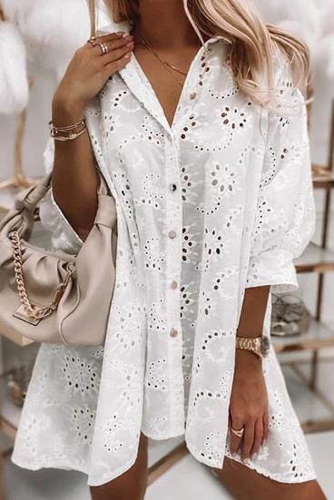 Mini obleka z luknjičastim vezenjem, bela