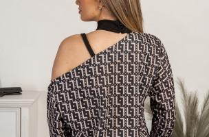 Elegantna majica z asimetričnim izrezom in geometrijskim potiskom Mathilde, črno-bež