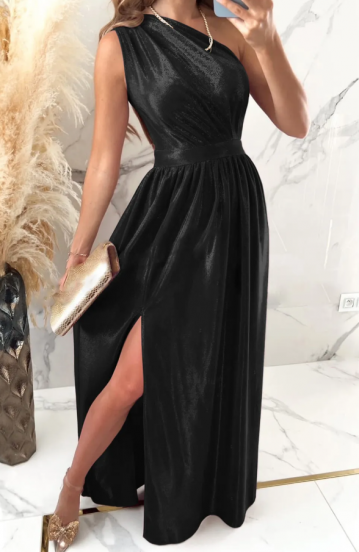 Elegantna maxi obleka iz imitacije žameta, črna