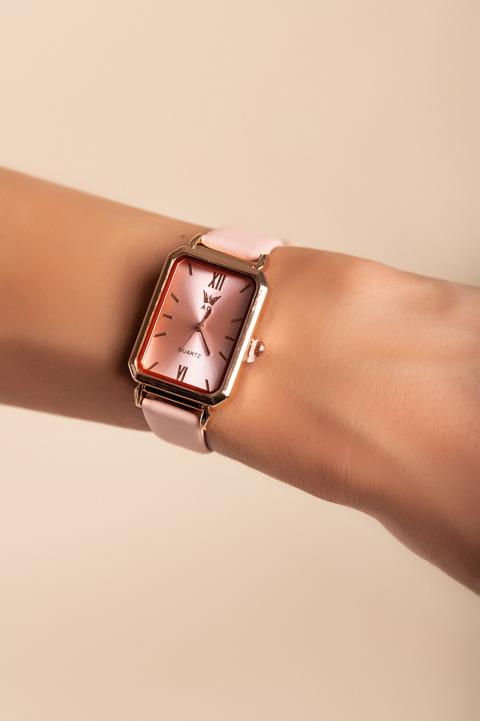 Elegantna ura s paščki iz imitacije usnja, svetlo roza