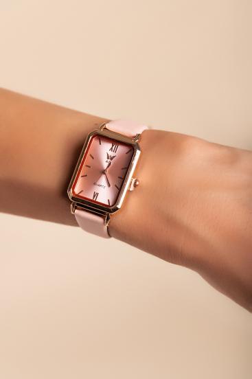 Elegantna ura s paščki iz imitacije usnja, svetlo roza