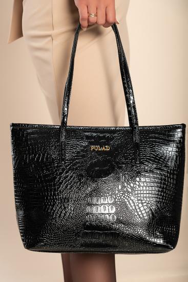 Večja ročna torba z vzorcem krokodilje kože, črna