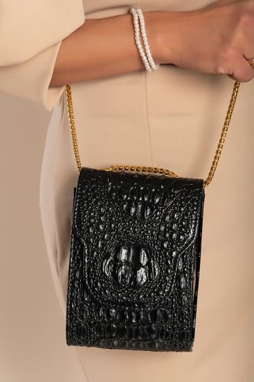 Manjša ročna torbica z vzorcem krokodilje kože, črna