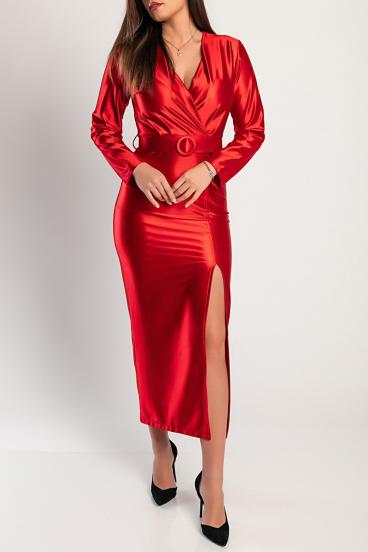 Elegantna midi obleka iz imitacije satena, rdeča