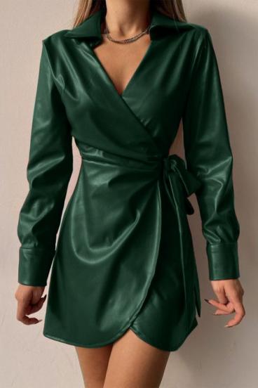 Elegatna mini obleka iz umetnega usnja na preklop Pellita, temno zelena