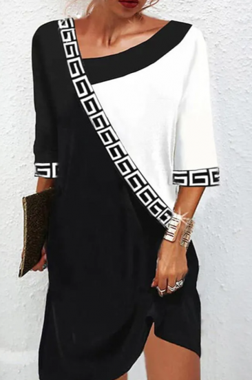Elegantna obleka z geometrijskim vzorcem, črno bela