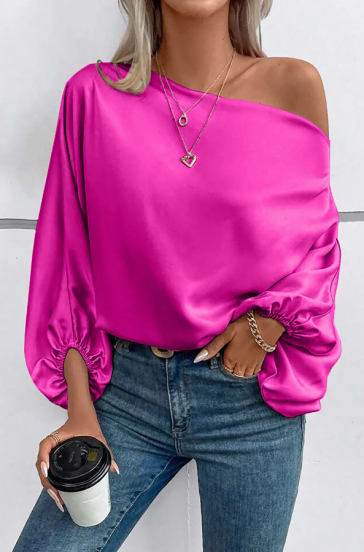 Elegantna bluza z asimetričnim vratnim izrezom, roza