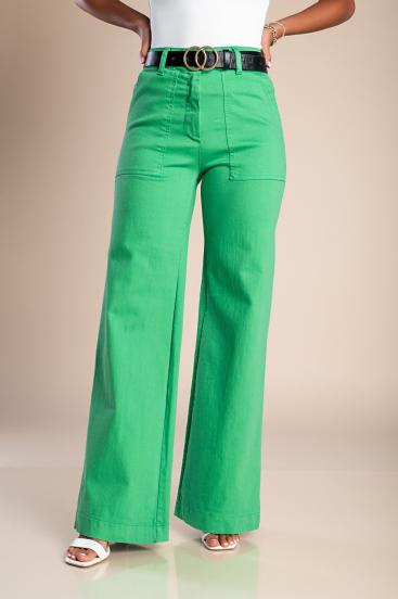 Bombažne hlače s širokimi hlačnicami, zelene