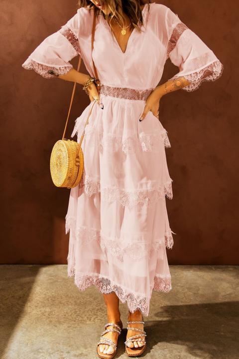Elegantna midi obleka z vstavki iz prosojne čipke Tiziana, roza