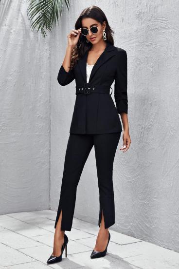 Eleganten enobarvni hlačni kostim s pasom, črn