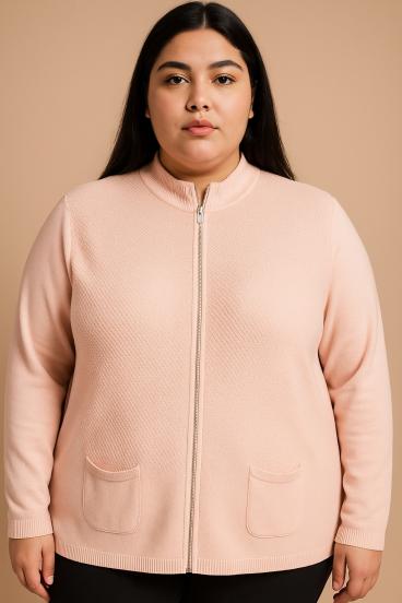 Plus size pletena jopica z zadrgo, svetlo roza
