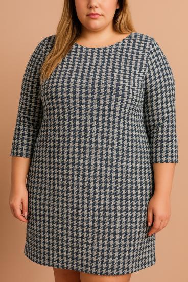 Plus size midi obleka s pepita potiskom, temno modra