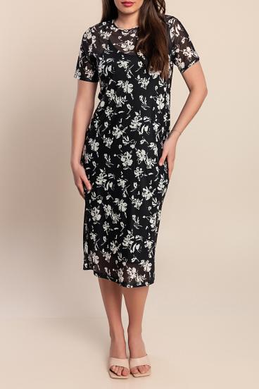 Elegantna midi obleka s potiskom, črna