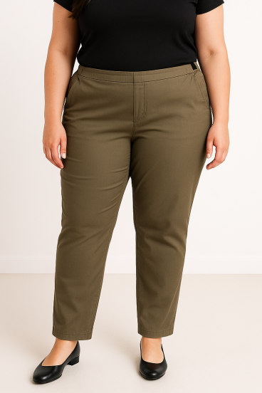 Plus size bombažne hlače, olivne
