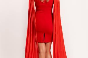 Elegantna mini obleka oprijetega kroja s plisiranimi rokavi Marseila, rdeča