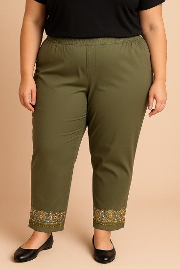 Plus size bombažne hlače z vezenino, olivne