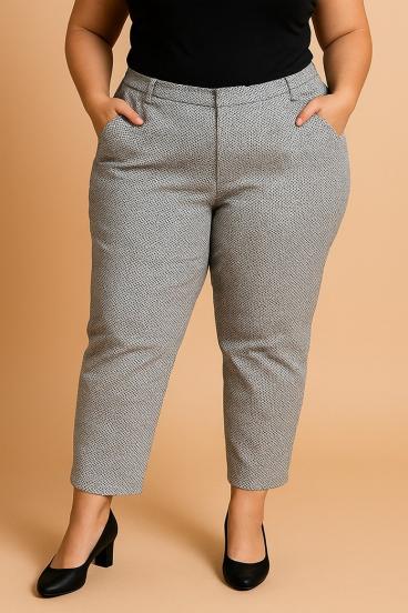 Plus size bombažne hlače s potiskom, belo-črne