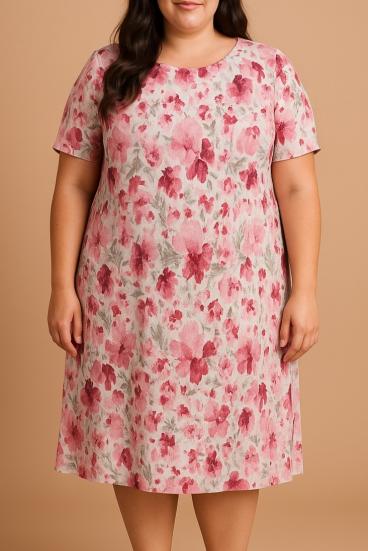 Plus size obleka s cvetličnim potiskom, roza