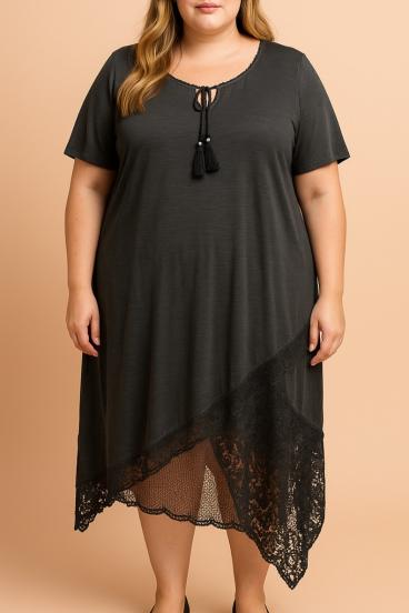 Plus size obleka s čipko, siva