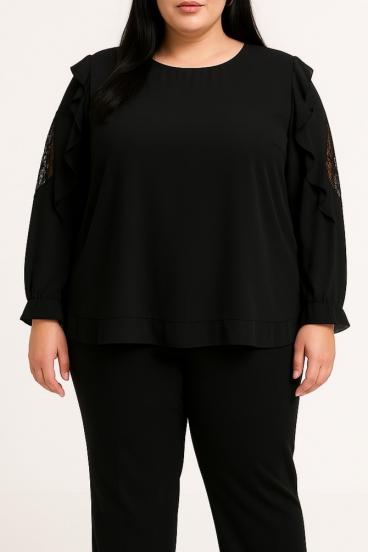 Plus size bluza s čipko, črna