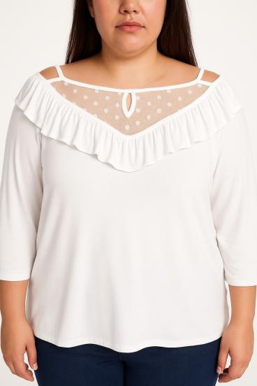 Plus size majica z volančki, bela